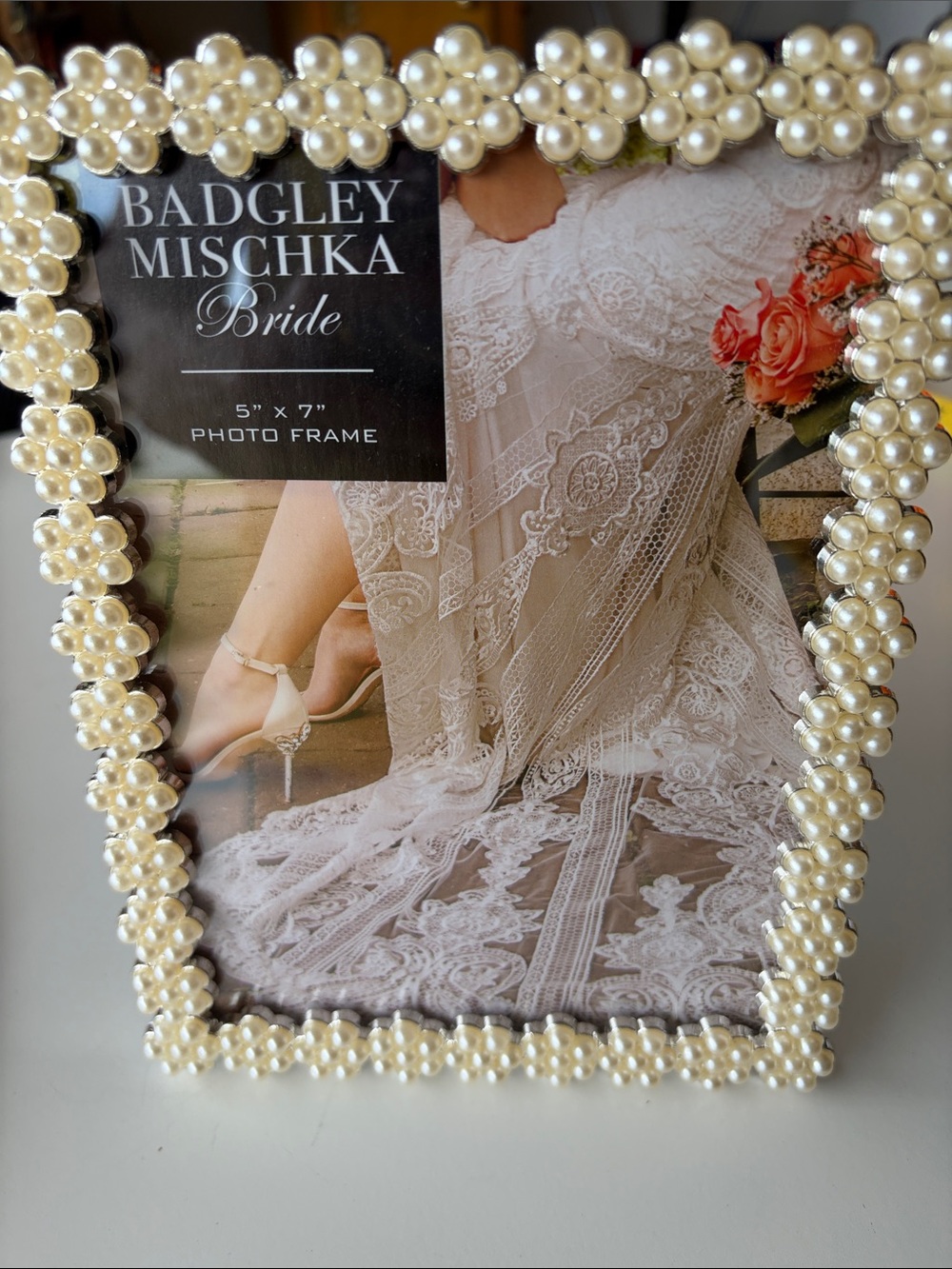 Badgley Mischka Pearl Floral Beaded Photo Frame - Ivory 5x7